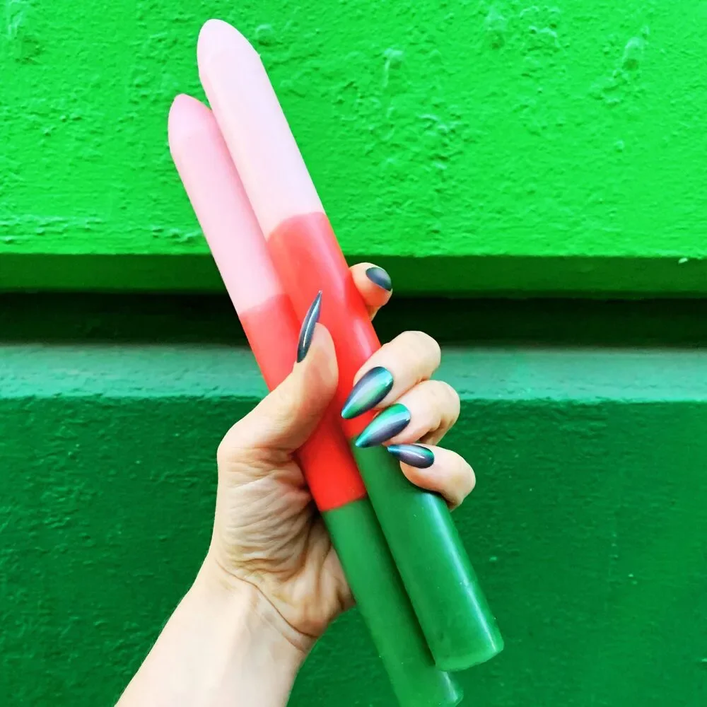 Set of 2 Pink Red Green Tapered Candle | Aesthetic Unscented Candle Sticks Holi